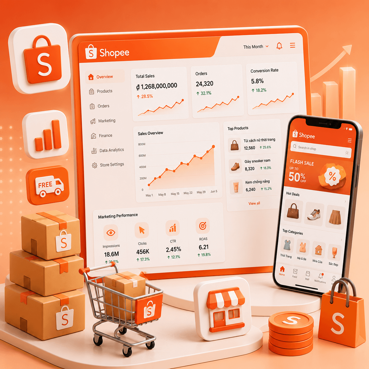 Minh hoạ dịch vụ Shopee của VIHA Group — xây dựng và vận hành gian hàng Shopee